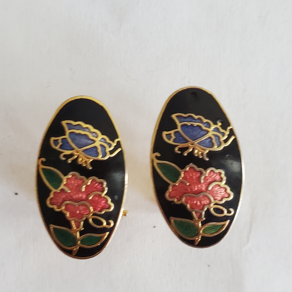 Vintage Floral cloisonne oval earrings